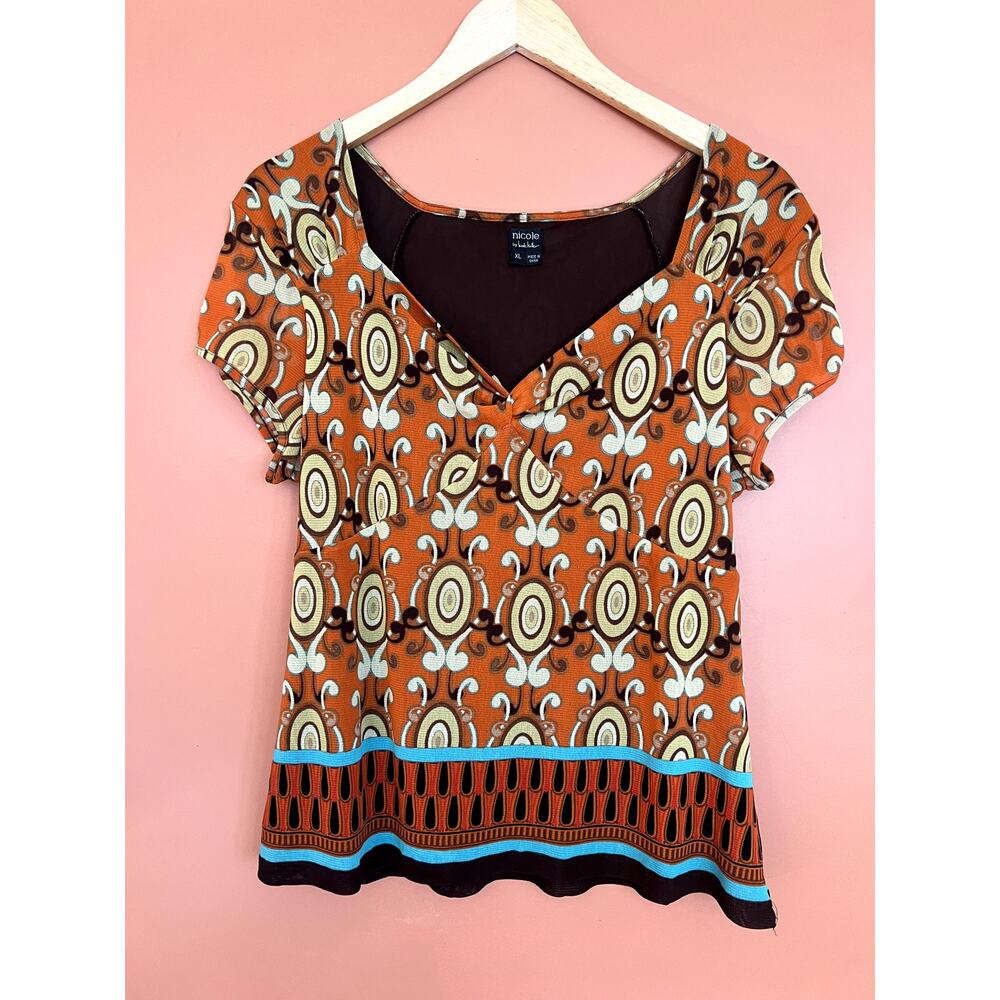 Y2K/90s Vintage Mesh Capped Short Sleeve Wallpaper Top by Nicole Miller -Size XL